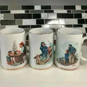 Vintage Norman Rockwell Museum  Mug Cup Set of 3 Mugs 1985 white with gold trim